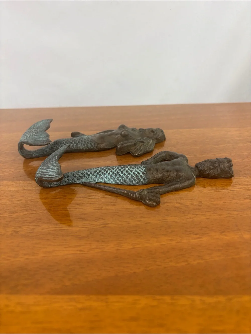 Vintage 80s-90s SPI cast iron mermaid & Neptune wall hooks pair verdigris